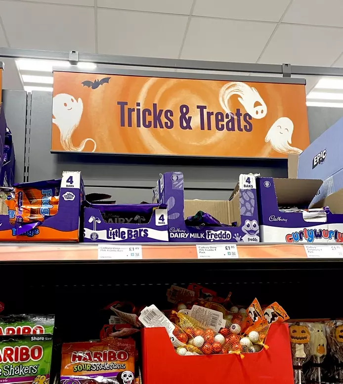 Hand illustrated ghosts and bats for Halloween at Waitrose supermarket 